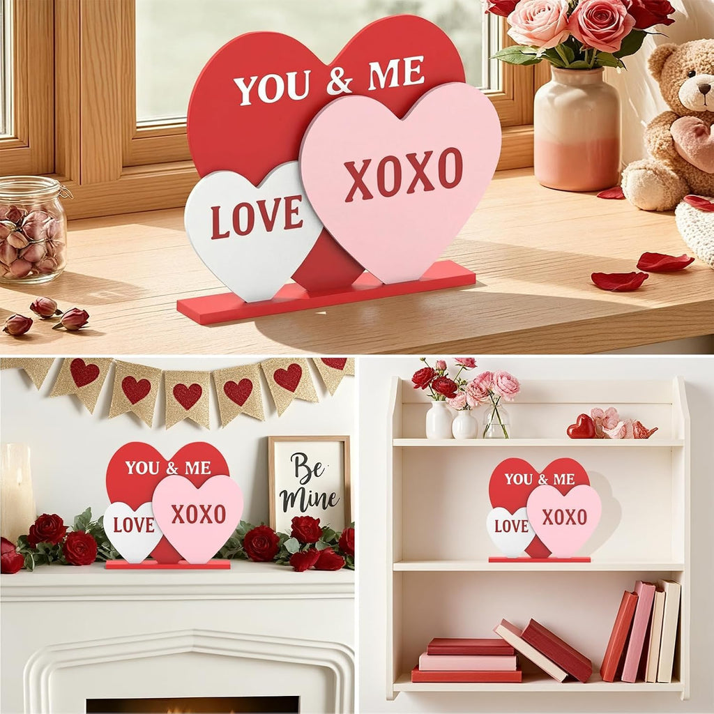 Valentines Day Decorations, 8.7 Inch Valentine Table Decorations Wooden Heart Sign with Letter LOVE XOXO, Valentines