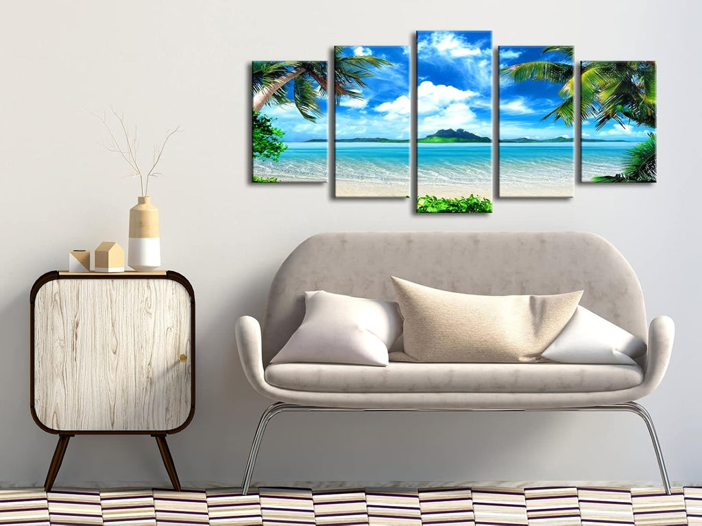 Modern 5 Panels Blue Sea Beach Pictures Paintings on Canvas Wall Art Stretched Contemporary Landscape Ocean Canvas