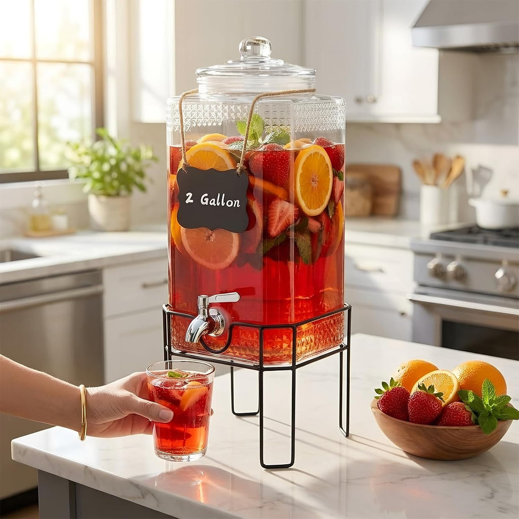 2 Gallon Glass Drink Dispenser, Drink Dispensers for Parties, Beverage Dispenser with Stand and Glass Lid, 100%