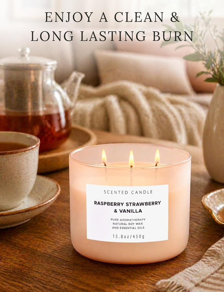 Raspberry Strawberry Vanilla Candle, 3-Wick Scented Soy Candle, 15.8 oz - Set of 158