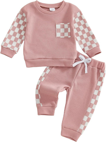 Toddler Baby Girl Fall Outfit Checkerboard Patchwork Long Sleeve Sweatshirt Elastic Waist Pants Clothes Set