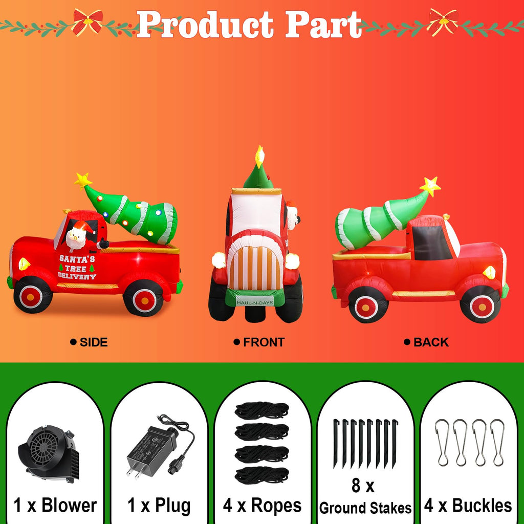 7FT Length Christmas Inflatable Santa Driving Truck with Christmas Tree Decoration, Xmas Blow Up Santa Inflatables