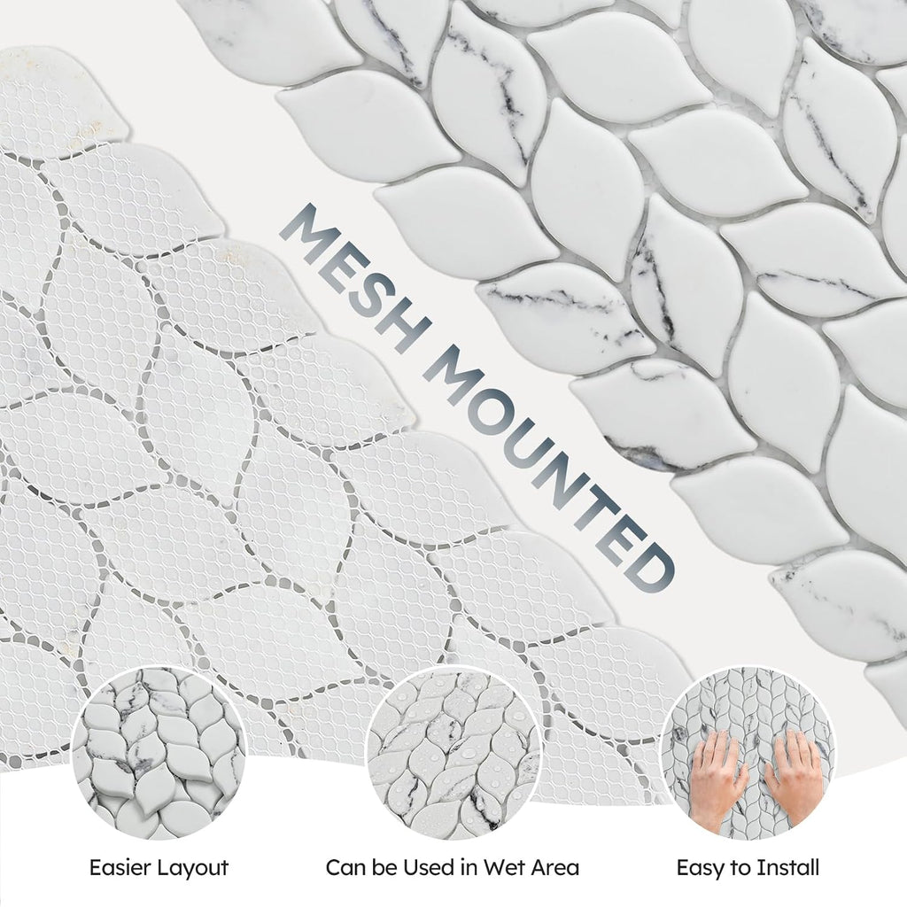 Recycled Glass Backsplash Tile, White Marble Leaf-Shaped, 5 Sheets | Mesh Mounted, 3D Faux Stone, Glass Mosiac