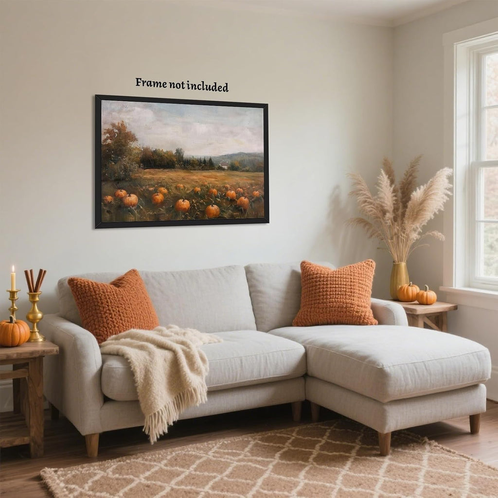 Autumn Pumpkin Field Wall Art Rustic Fall Harvest Landscape Poster Vintage Country Farmhouse Oil Painting Wall Decor
