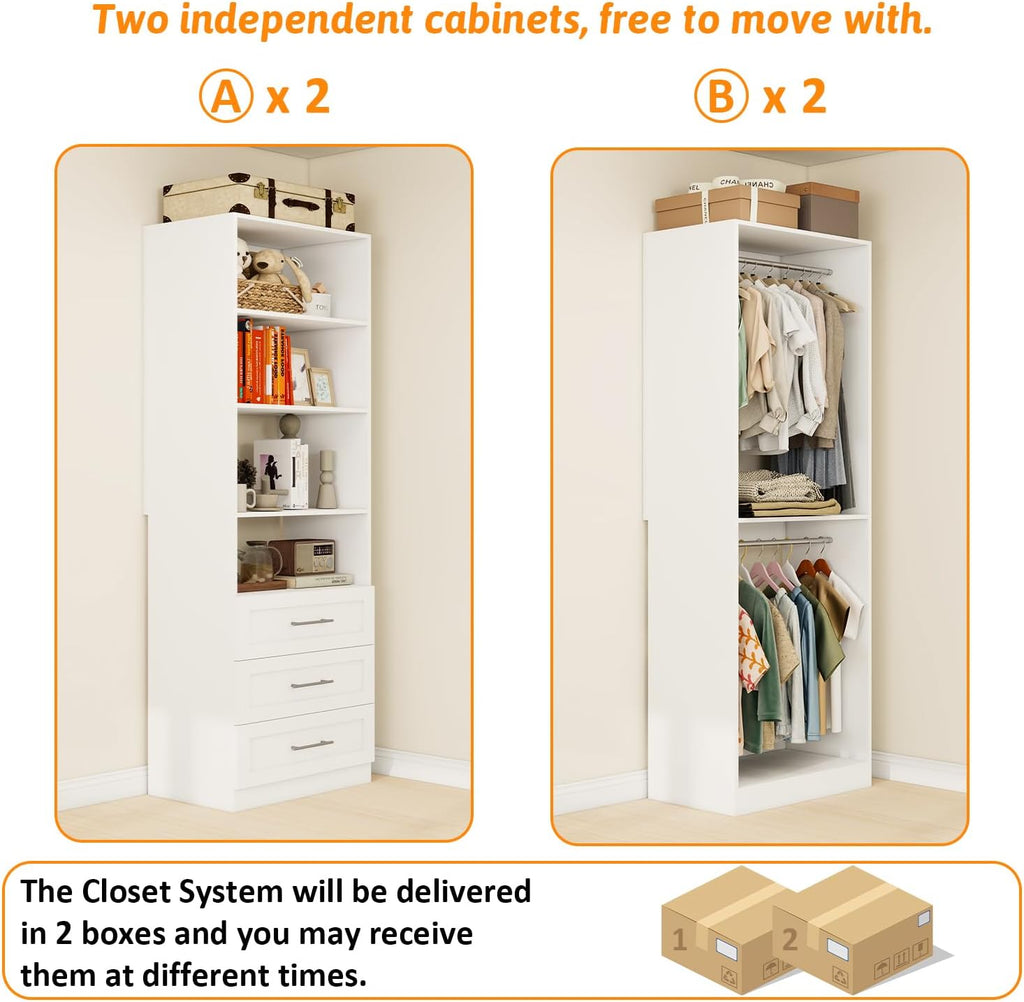 Closet System of 2 Sets with 3 Drawers & 4 Shelves & 4 Hanging Rods, 4FT-10FT Closet Organizer System, Walk in