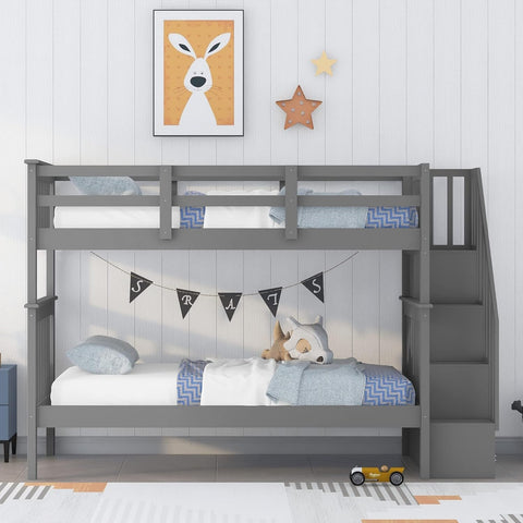 Stairway Bunk Bed with Storage Shelves, Twin Over Twin Wooden Bunk Bed Frame with Full-Length Fence