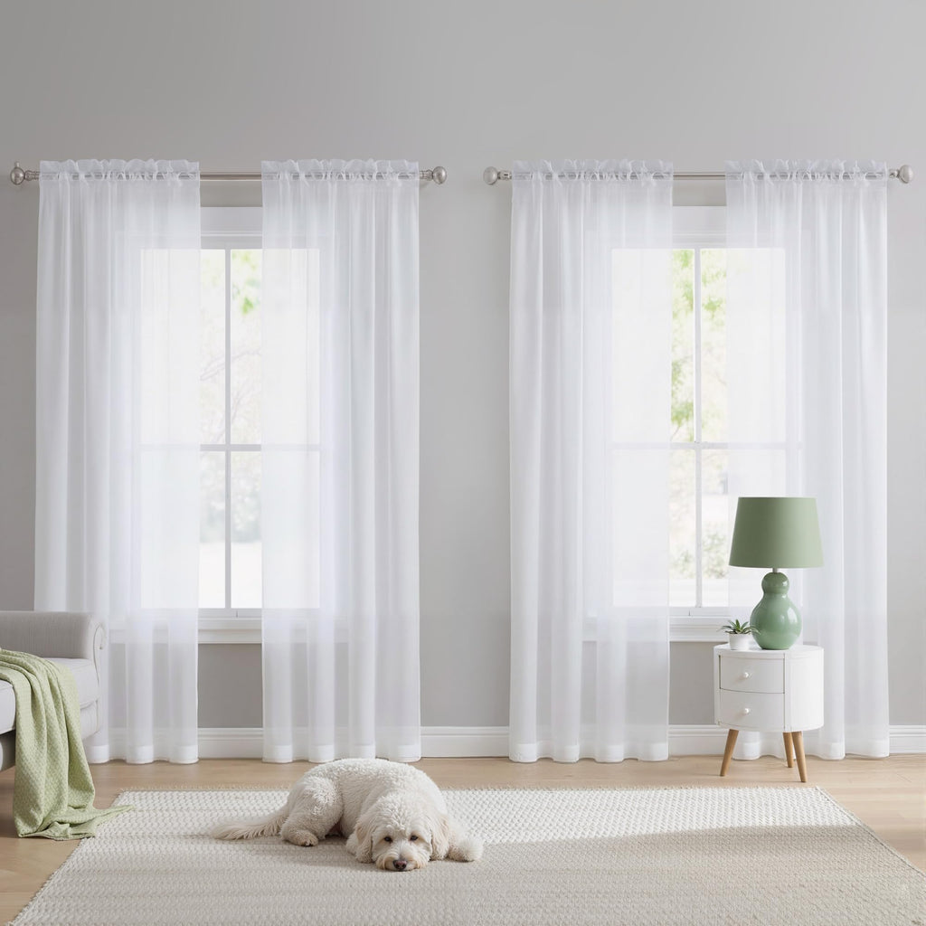 White Sheer Curtains 120 inches Long 4 Panels, 42 inch Wide Rod Pocket Light Filtering Drapes Translucent Modern