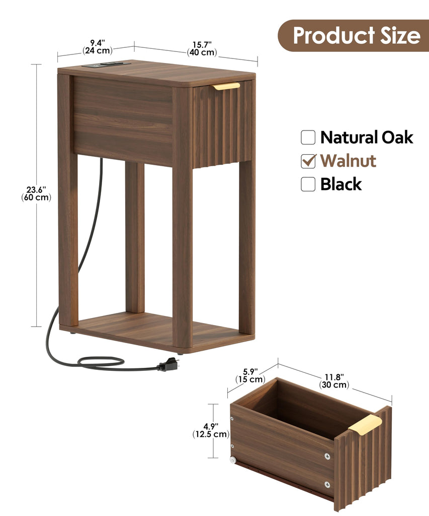 Narrow Nightstand Set 2 with Charging Station Fluted Table Walnut