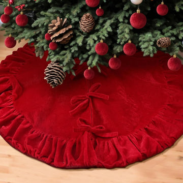 36'' Ruffled Velvet Christmas Tree Skirt Vintage Xmas Decor, Red