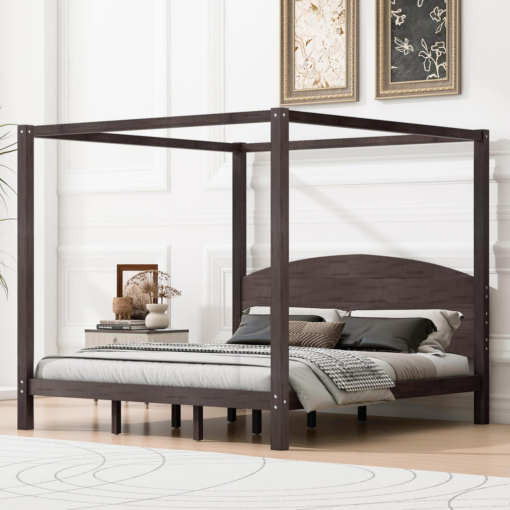 Wood Canopy Bed Frame with Headboard and Storage, Brown