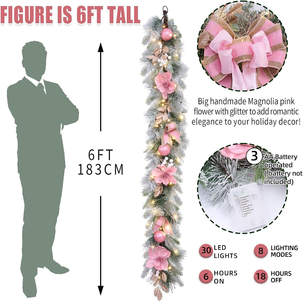 6 feet Christmas Pink Garland for Front Door with 30 LED Lights with Timer,Festive Lighted Holiday Snow Flocked
