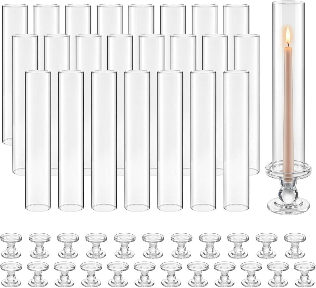 Hurricane Candle Holders Set of 24, 12.6 in Tall Clear Glass Taper Candle Holders, High Borosilicate Glass, 2.36 in
