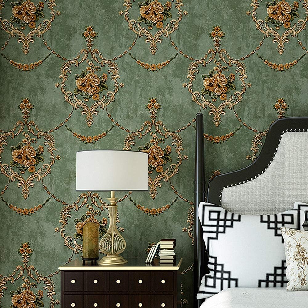 Textured Vintage Damasks Floral Pattern Wallpaper Wallcoverings for Walls, 57 Square ft/Roll (Green(Flower))