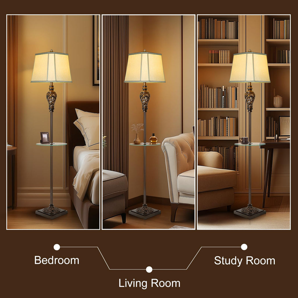Rustic Floor Lamp with Nightlight and Glass Tray