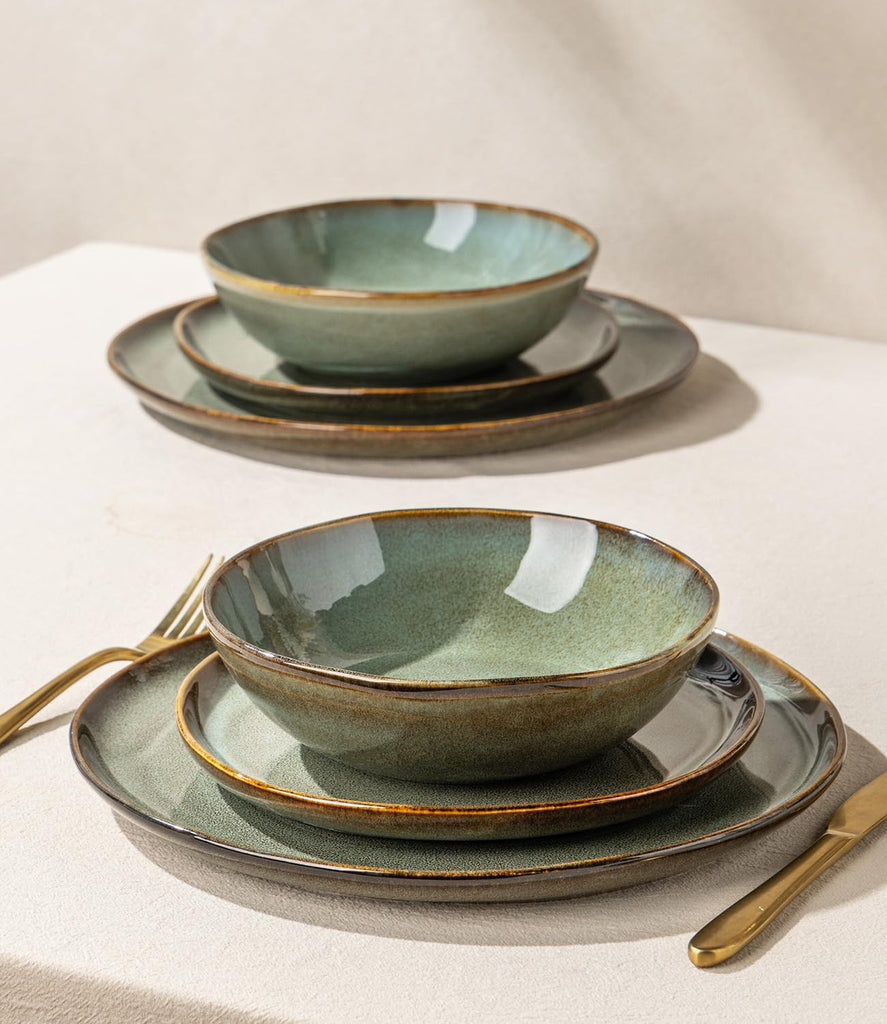 Stoneware Dinnerware Sets for 6, 18 Piece Rustic Plates and Bowls Set