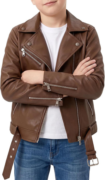 Boys Faux Leather Motorcycle Biker Jacket Asym-Zipper