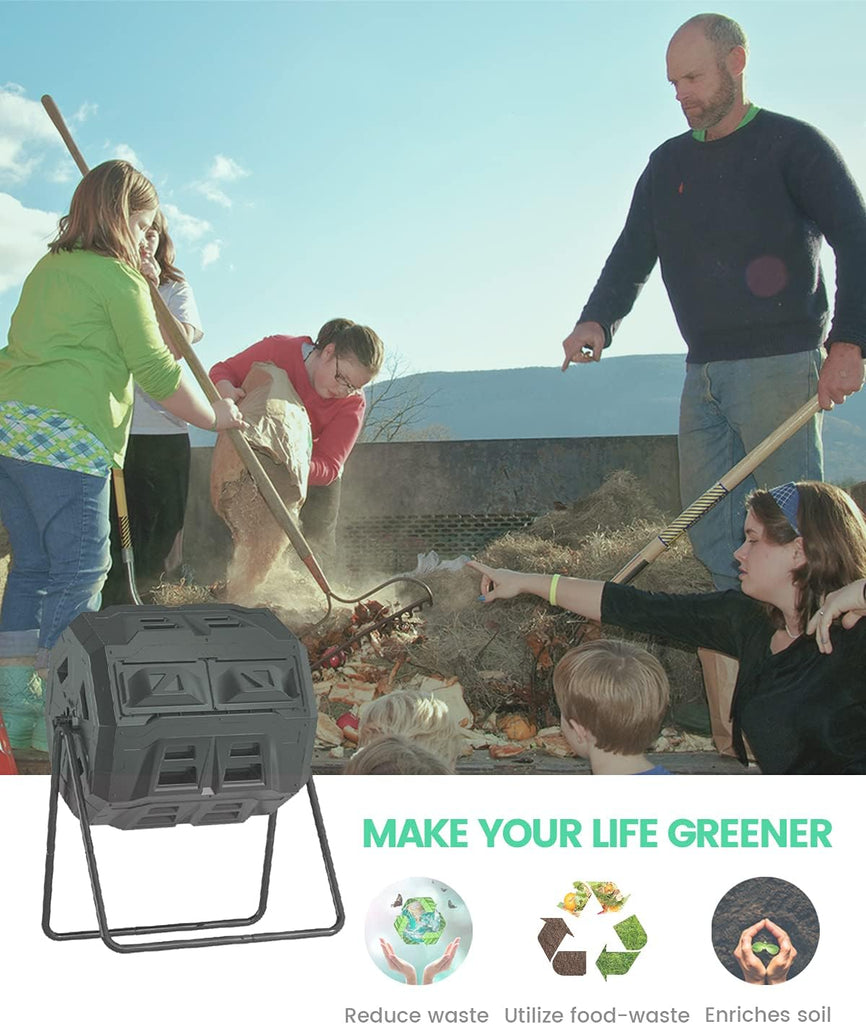 43 Gallon Dual Chamber Tumbling Composter with Integrated Thermometer - Rotatable Outdoor Compost Bin, Dual Batch
