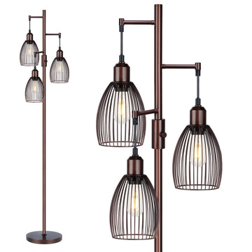 Dimmable Floor Lamp, Industrial Floor Lamps, Brown Tree Lamp Standing Lamp Tall Lamps with 3 Elegant Teardrop Cage