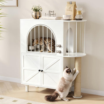 Dog Proof Cat Feeding Station with Scratching Post, Pet Food Storage, White