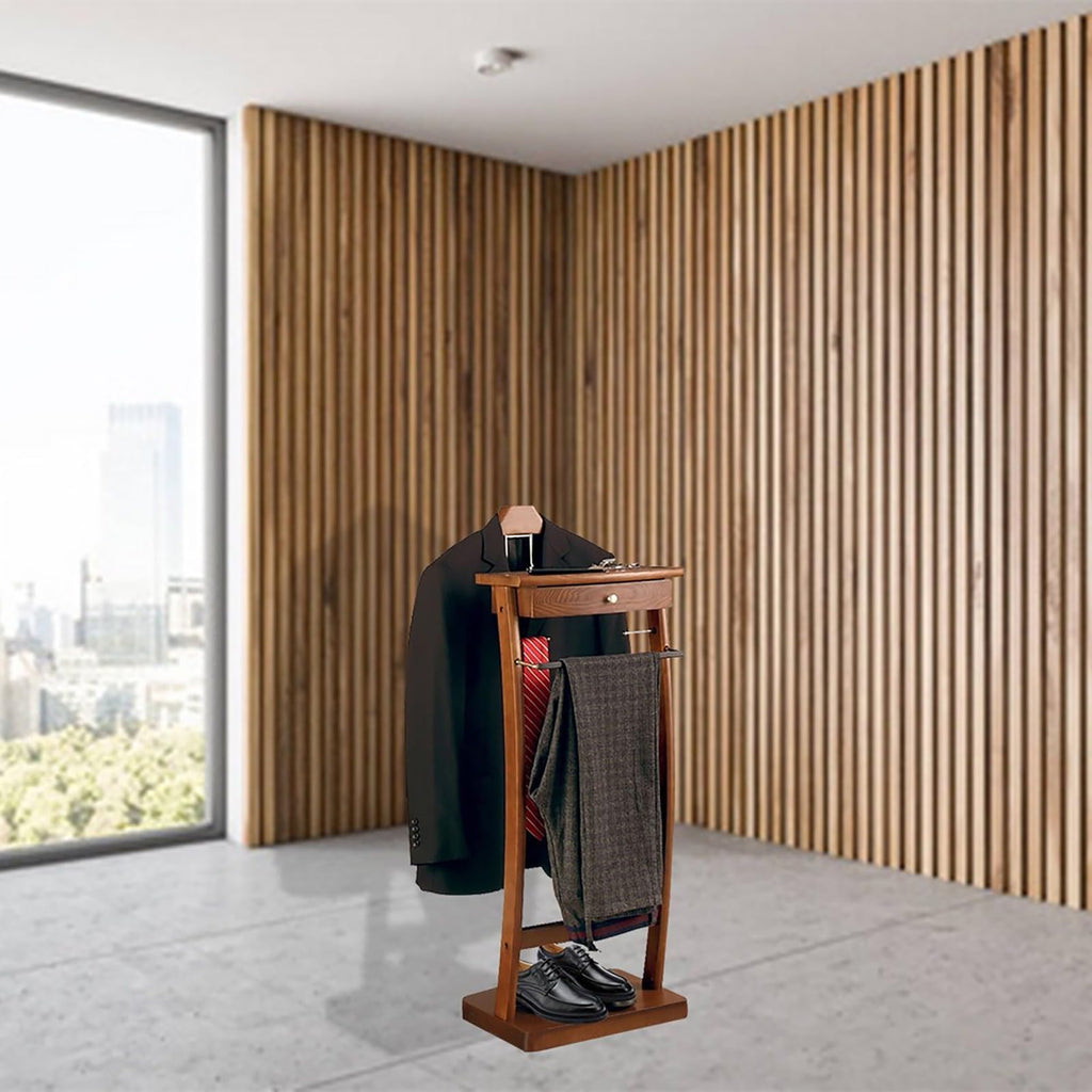 Wood Clothes Valet Stand with Tray, Floor Standing Suit Valet Stand with Drawers and Front Trouser Rack, Men's Valet