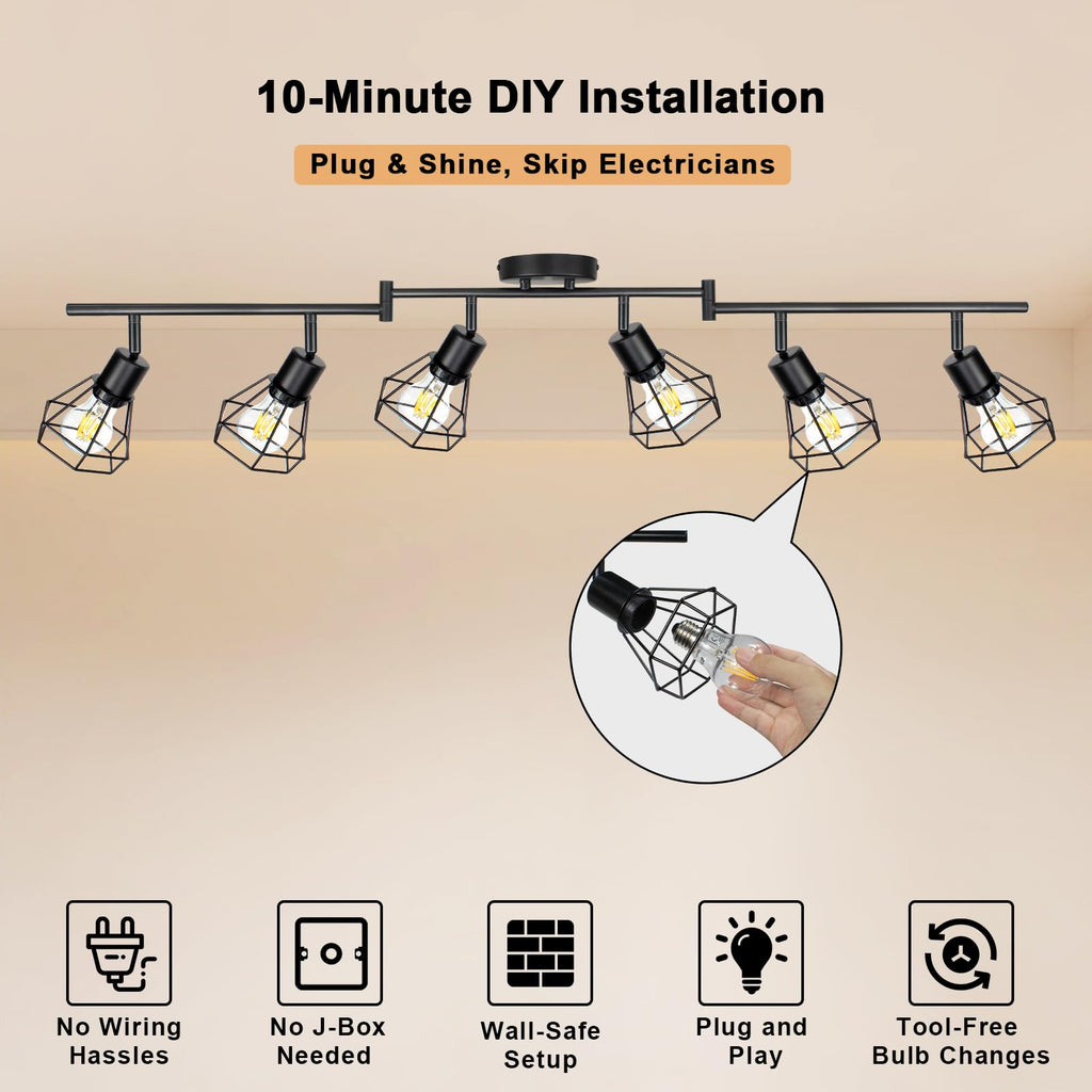 Plug in Track Lighting, 6-Light Adjustable Ceiling Fixture Black
