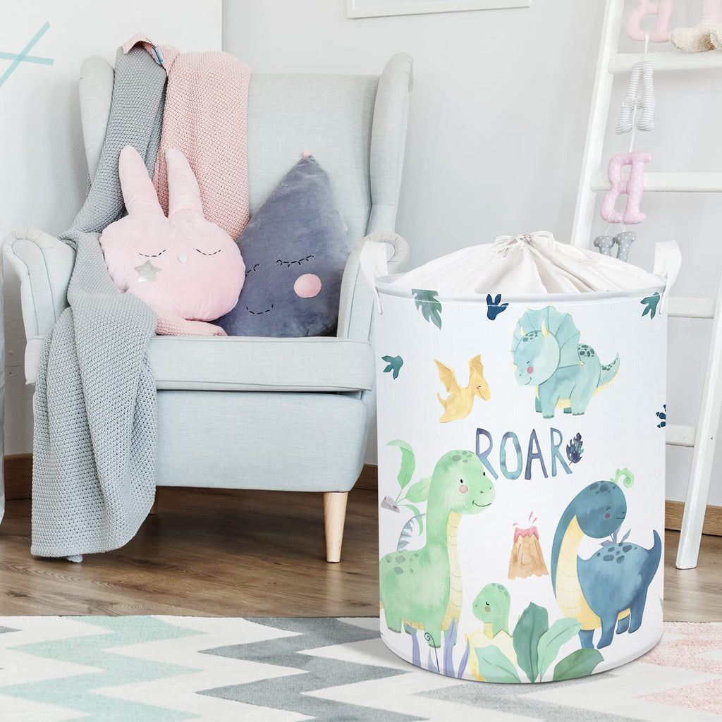 45L Cartoon Green Dinosaur Laundry Basket with Handle Round Bedroom Bathroon Toys Clothes Storage Basket
