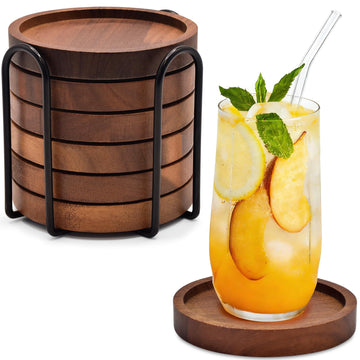 Wood Drink Coasters with Holder, Set of 6, Natural Absorbent Wooden Coasters for Drinks, Modern Rustic Farmhouse