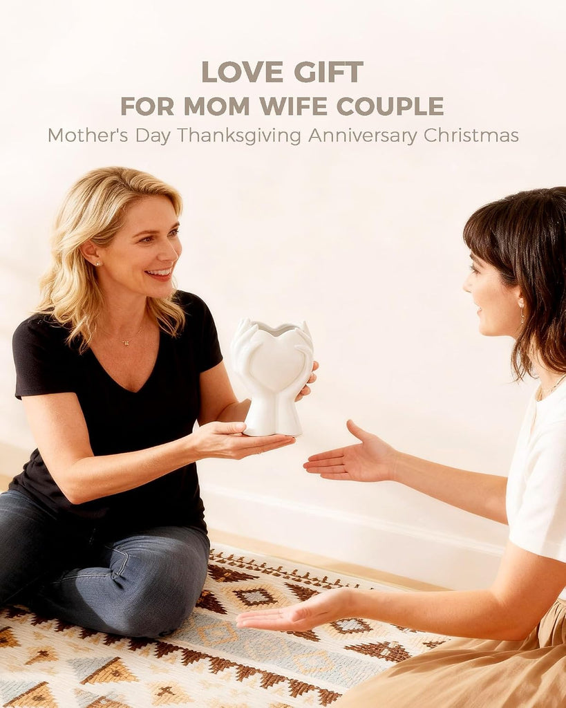 A Heart Held in Two Hands White Vases for Flowers - Cute Modern Small Ceramic Flower Vase for Pampas Grass