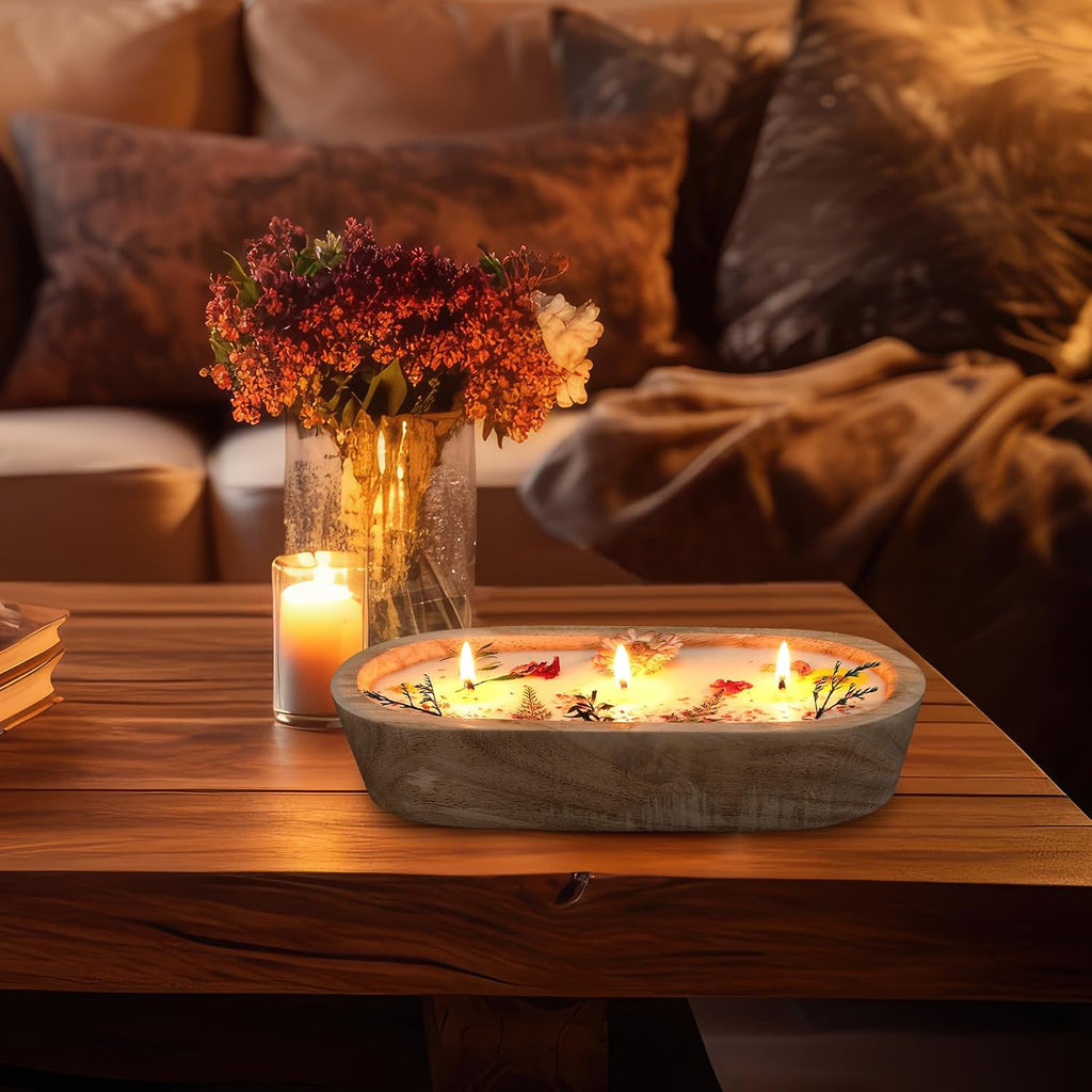 9.45'' Large Botanical Scented Bowl Candle Gift for Women Dried Flowers Wooden Dough Bowl Soybean Wax Candles