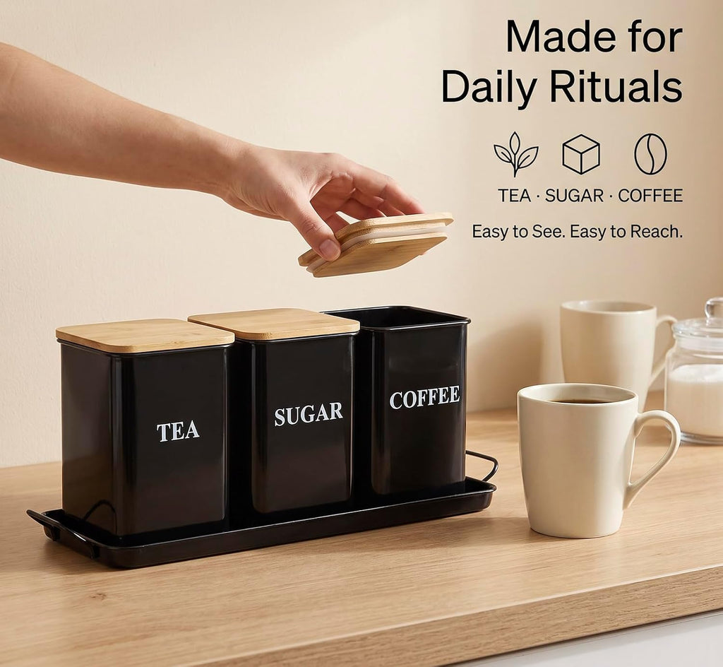 Coffee Tea Sugar Container Set , 50 oz Metal Kitchen Canisters-Black
