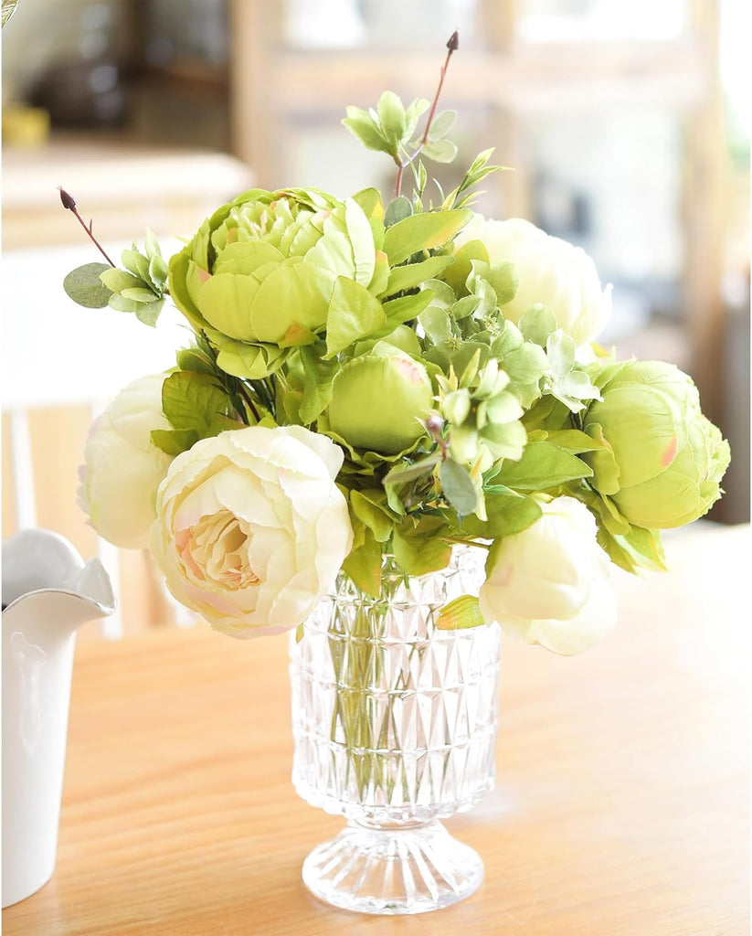Cream Beige & Moss Green Artificial Peony Bouquet - Set of 2