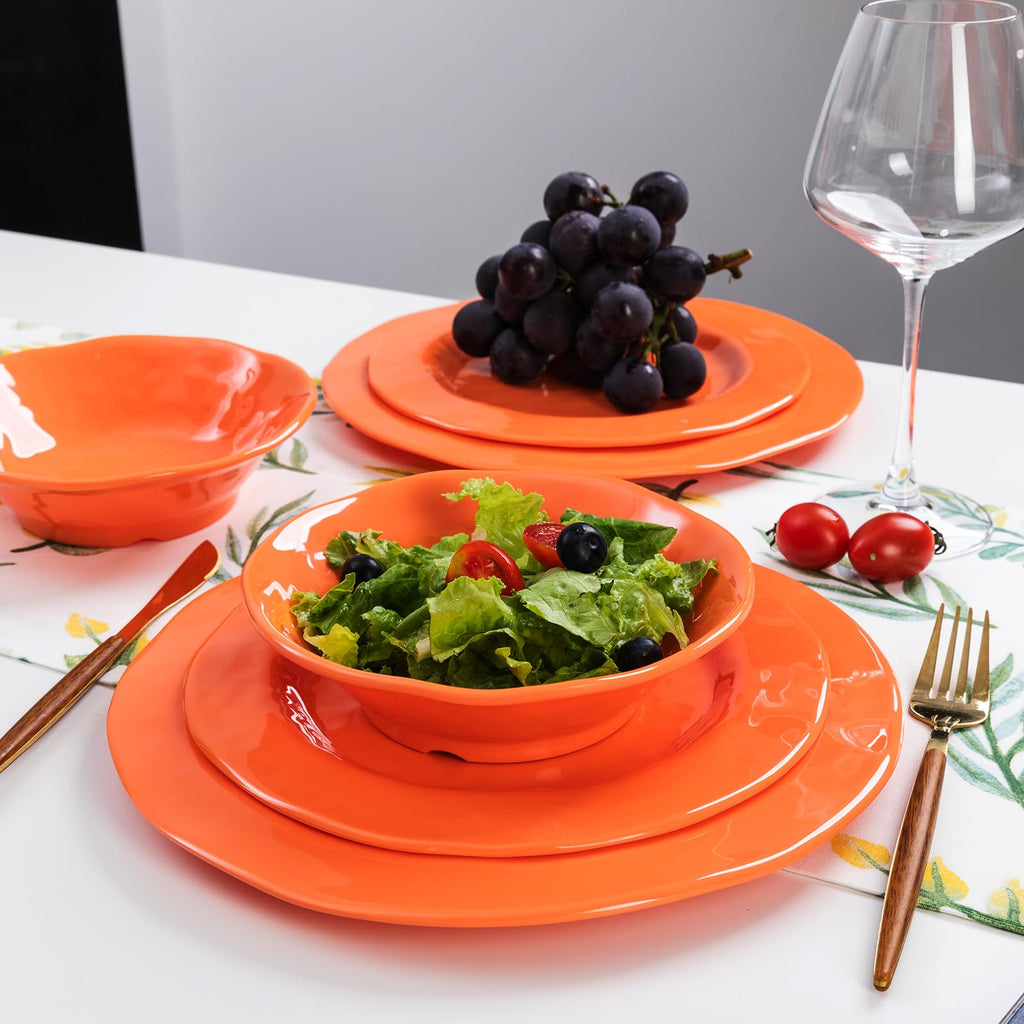 Orange Melamine Dinnerware Set, 12 Piece Kitchen Tableware Plates Bowls Dishes Set, Lightweight Unbreakable