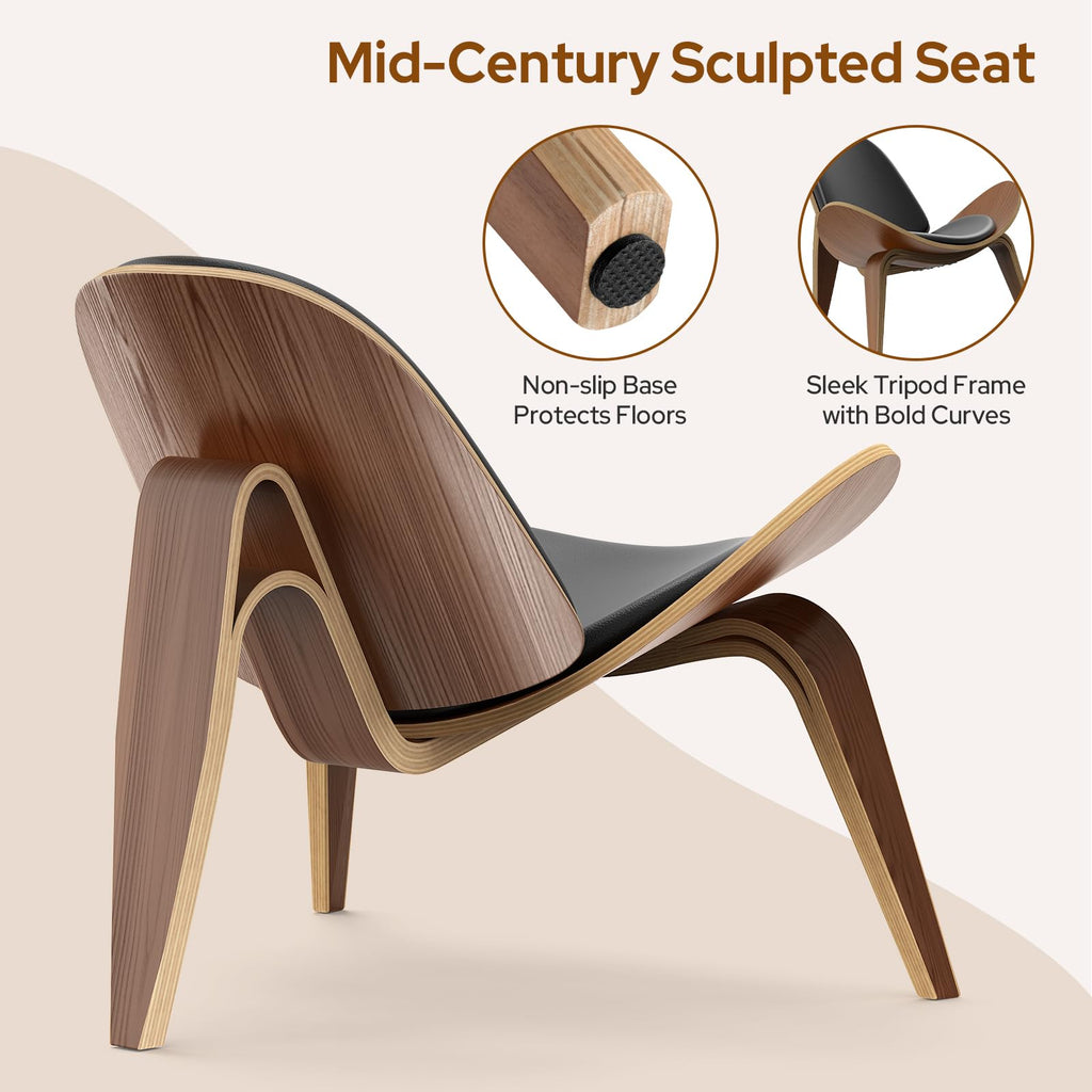 Mid Century Modern Shell Lounge Accent Chairs, Faux Leather