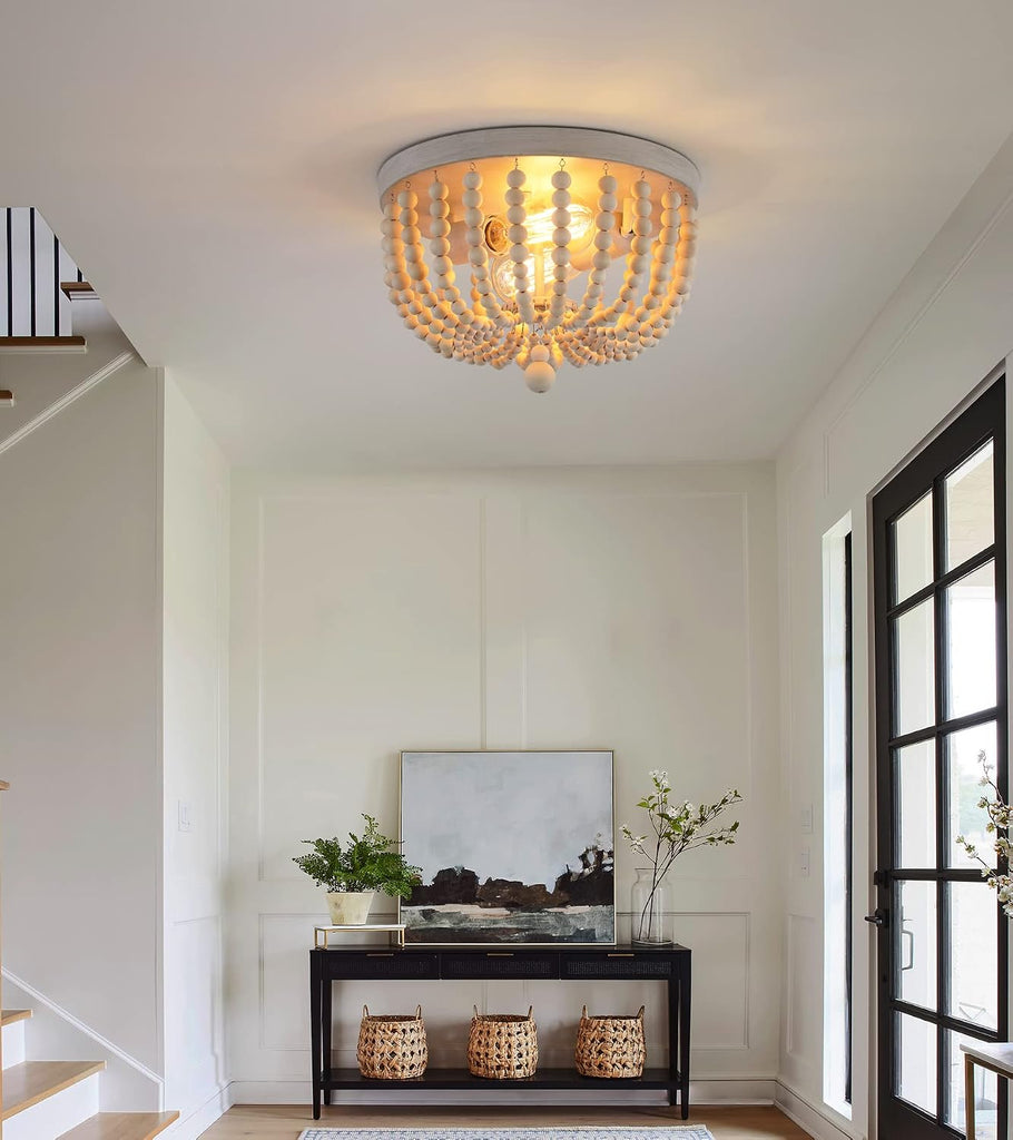 Boho Chandelier Wood Beaded Flush Mount Ceiling Light Fixtures Baby Bedroom Kitchen Hallway,Oak White Finish, Lights