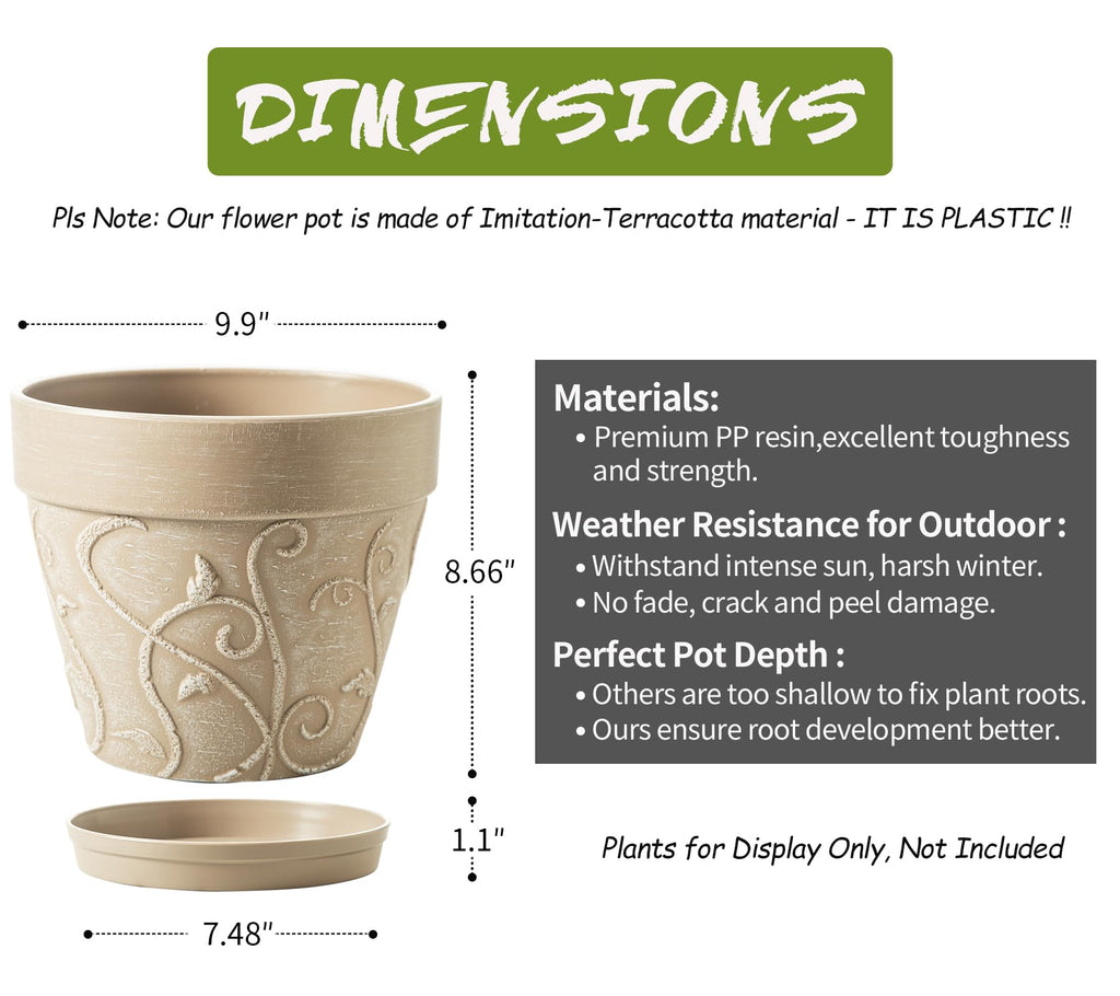 Plant Pots Indoor with Drainage & Saucer, 2Pack 10 inch Flower Pots Outdoor Planters for Indoor Plants Garden Home