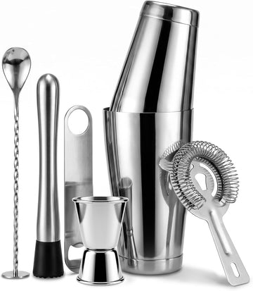 Boston Cocktail Shaker Set 6-Piece Stainless Steel Bartender Kit - Set of 6