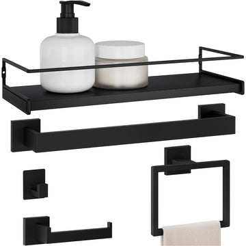 Black Bathroom Hardware Set, 4-Piece + 15.7" Shelf & Adhesive Robe Hook