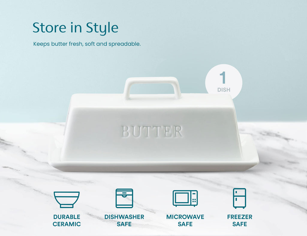 Ceramic Butter Dish with Lid, Countertop, Dishes, Tray, White