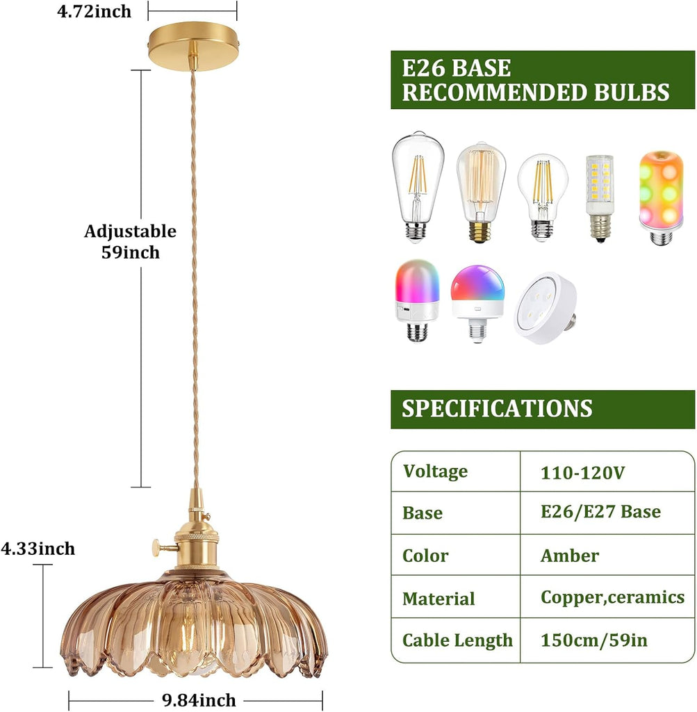 Pendant Light with Amber Scindapsus Glass Lmapshade, Brass Vintage Pendant Light Adjustable Hanging Light for Kitchen