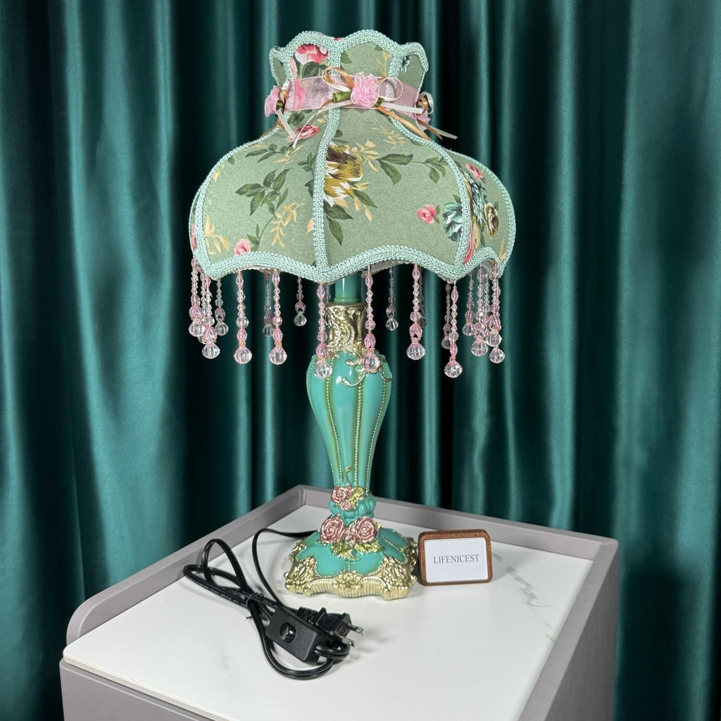 Dimmable Green Victorian Table Lamp Floral Fabric Shade