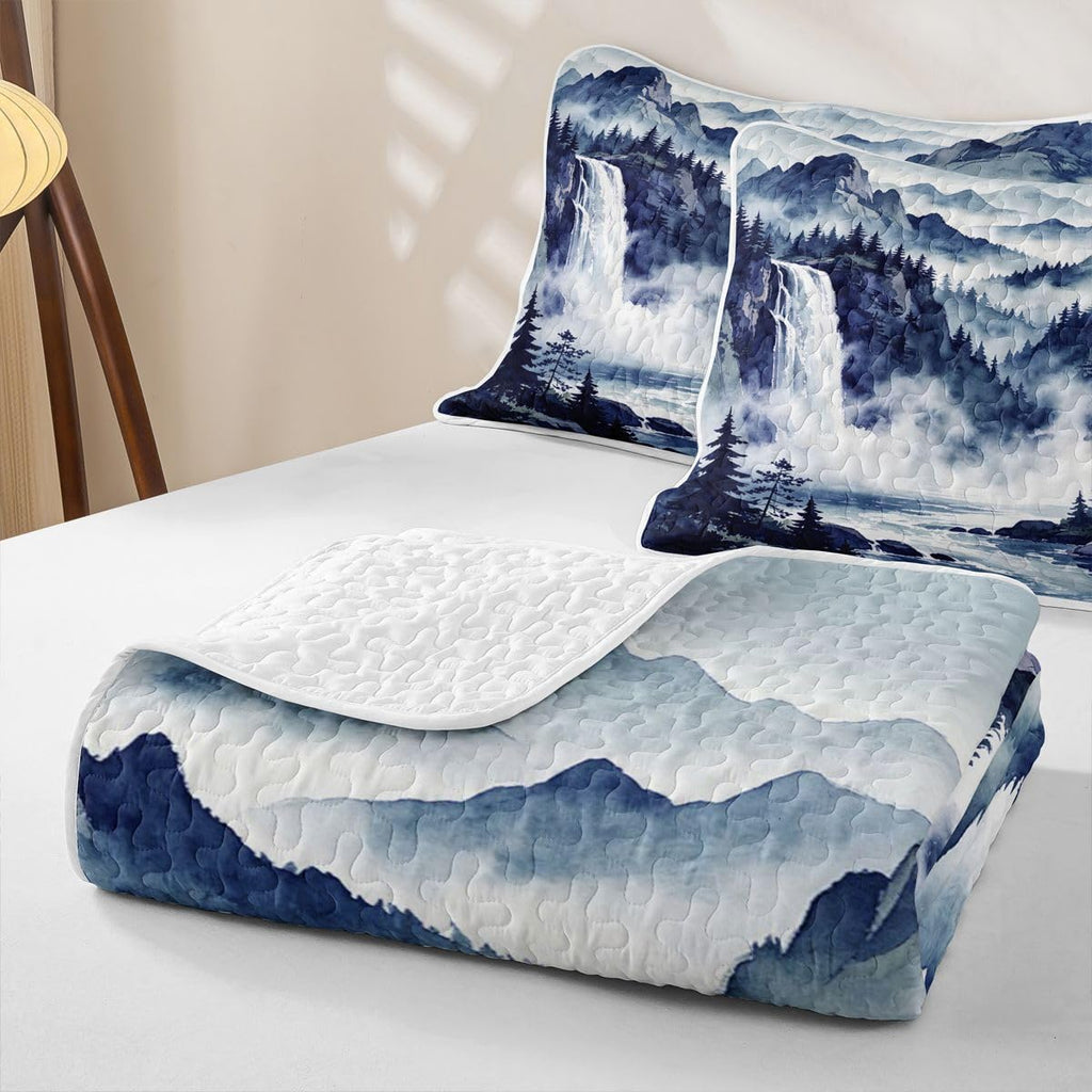 Navy Blue Ink Wash Mountain Waterfall Quilt Quilted Blanket - Rustic Woodland Pine Forest Cabin Lodge
