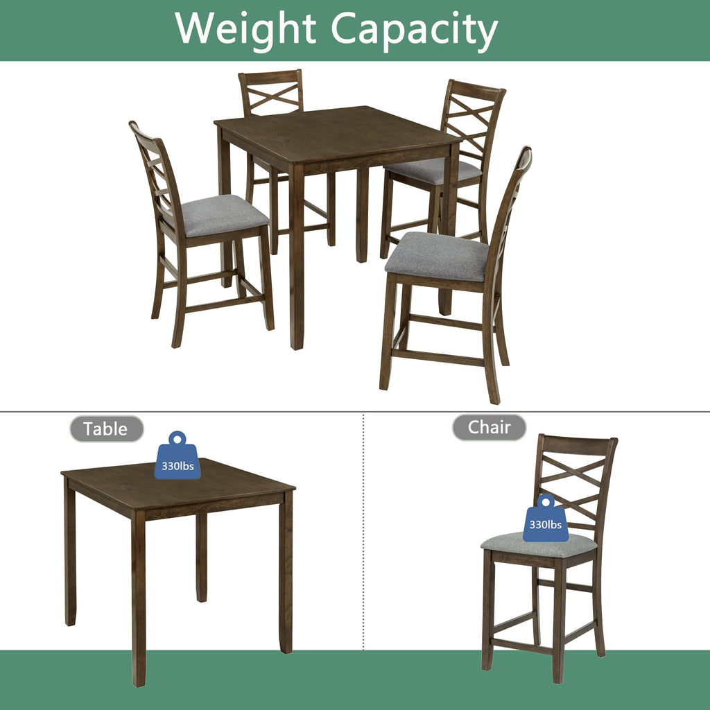Counter Height Dining Table Set 5-Piece, 34.5" Square Wooden Table & 4 Upholstered Chairs, Modern Walnut Finish