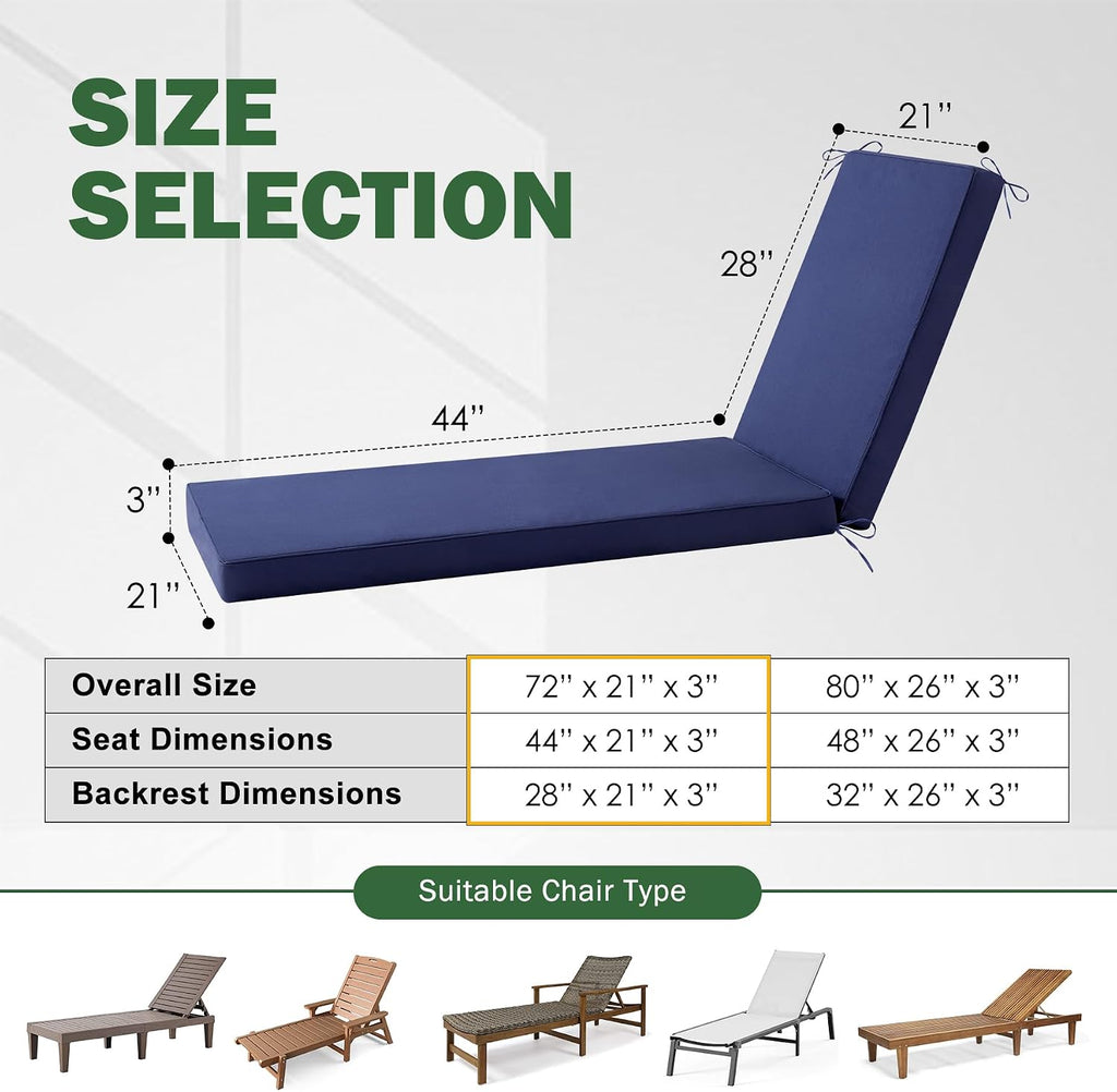 Chaise Lounge Cushions Outdoor, 72x 21x 3 Inch Waterproof & Fade-Resistant Lounge Chair Cushion, Outdoor Chaise