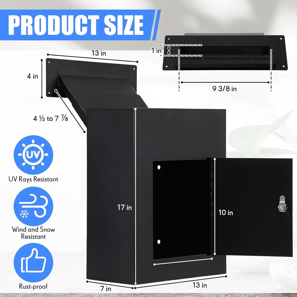 Through the Wall Locking Mailbox 17" x 13" x 7" Large Wall Mount Mail Box Heavy Duty Parcel Letter Box House Locking