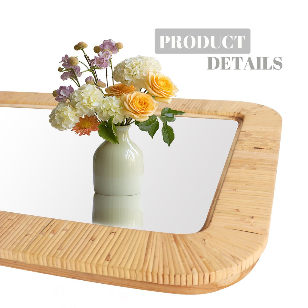 Rattan Full Length Mirror, Rectangle 63X20 Full Body Bathroom Boho Wicker Vanity Coastal Farmhouse Wood Wall Mirror