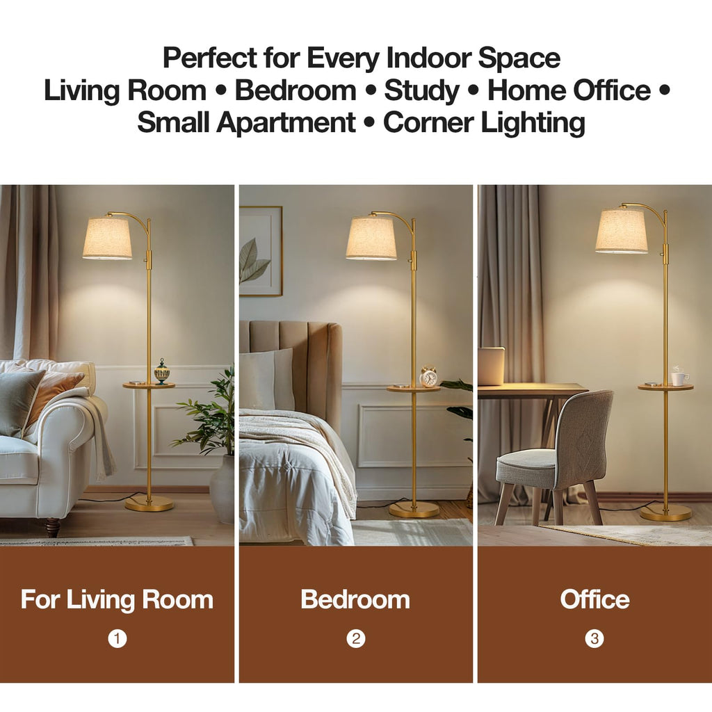 Golden Floor Lamp with Table, Dimmable Standing Lamp, Living Room