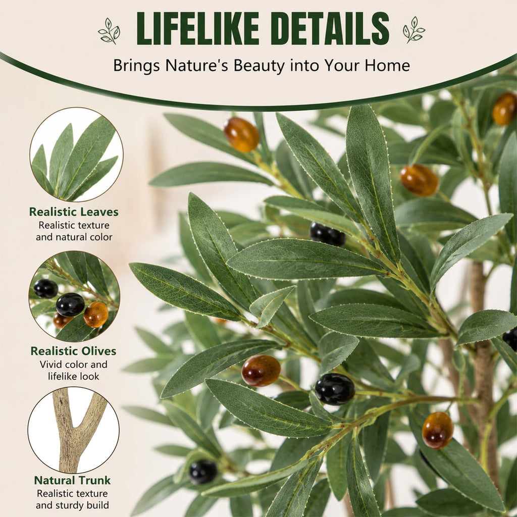 6FT Olive Trees Artificial, Large Faux Olive Tree with White Tall Planter, Faux Tree Indoor with Lush Lifelike Fruits