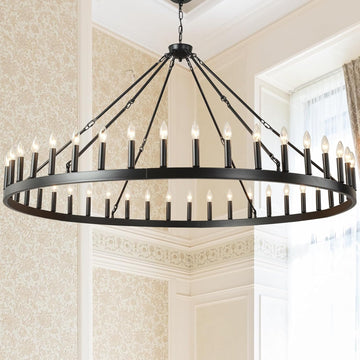 Inspired Camino Style Chandelier - 64 Inch Extra Large Black Wagon Wheel Chandelier 42-Light Farmhouse Wagon Wheel Chandeliers Round Industrial Ceiling Light fixtures for Outdoor Porch high Ceilings Living Dining Room Foyer Entryway A105-B0C5RF3HXN