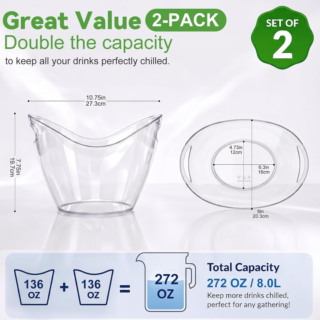 Ice Bucket Wine Bucket, 2 Pack, Clear 4 Liter Plastic Tub for Drinks and Parties, Food Grade - Set of 2