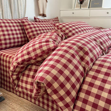 Red Gingham Duvet Cover Bedding Set 100% Washed Cotton Beige Plaid Checkered Duvet Cover 3pcs